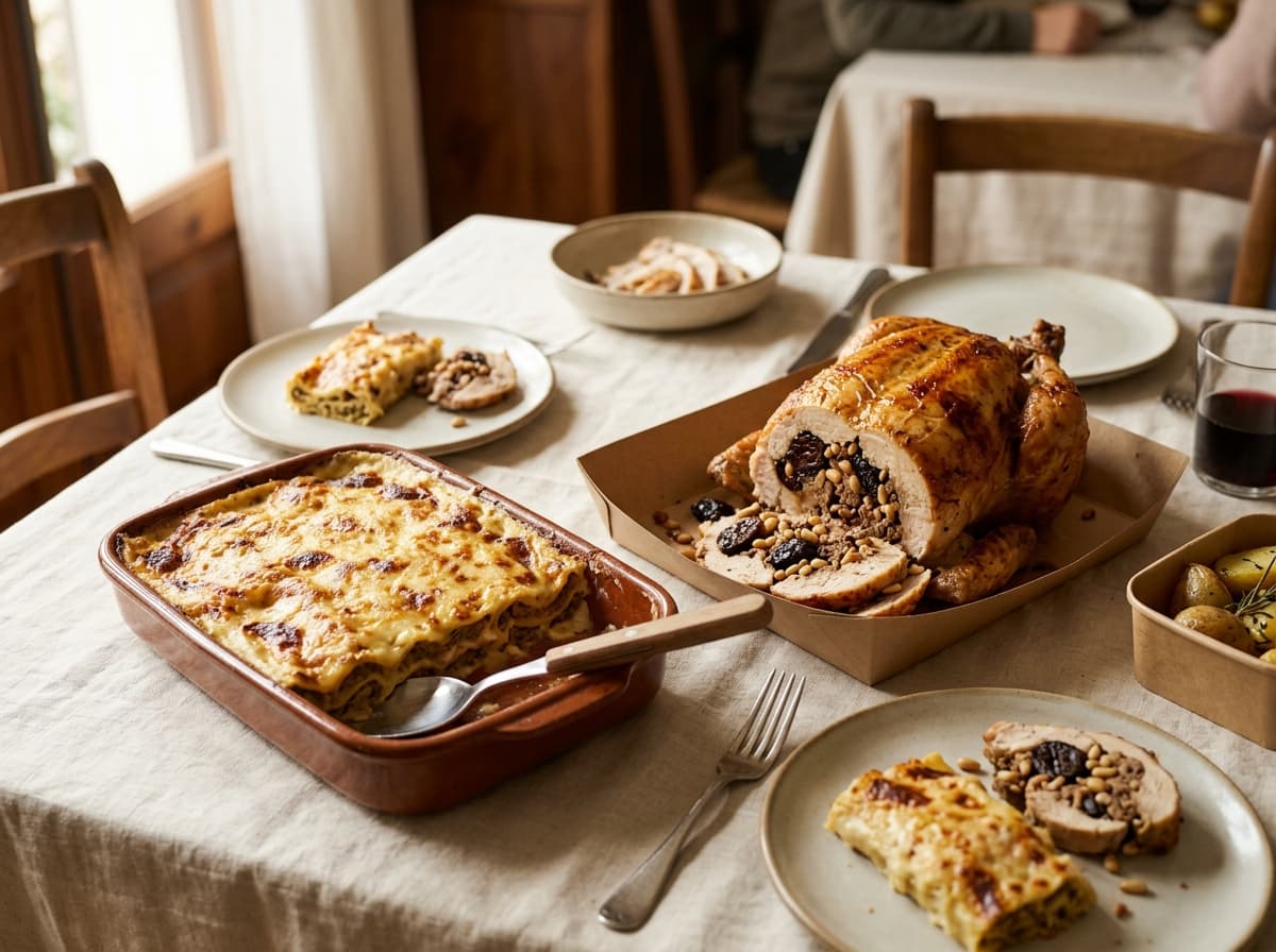 Canelones gratinados y pollo relleno en bandejas para una comida familiar