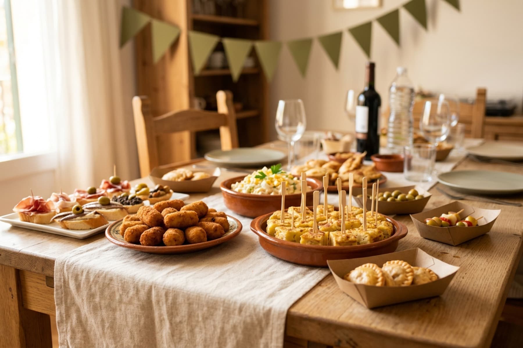 Mesa de celebración con croquetas, tortilla de patatas, ensaladilla rusa y canapés