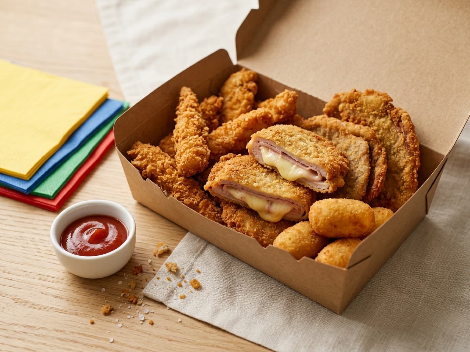Bandeja infantil con fingers de pollo, libritos de jamón y queso y croquetas