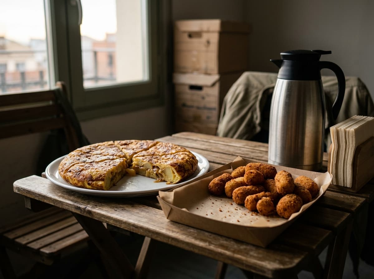 Truita de patates i croquetes per a l'esmorzar d'un equip de rodatge