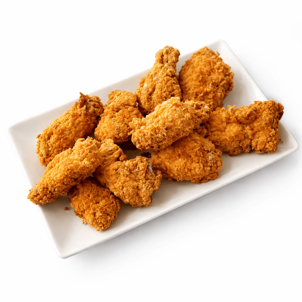 Trozos de pollo rebozado al estilo Kentucky en bandeja blanca