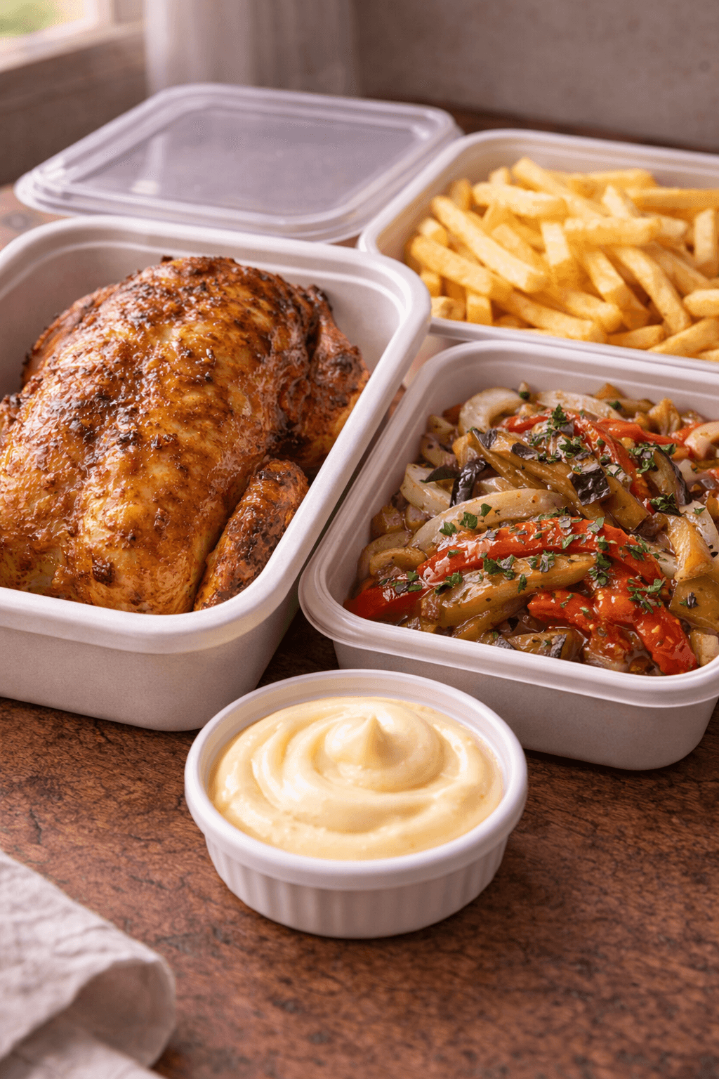 Mandonguilles en envase para llevar con salsa humeante