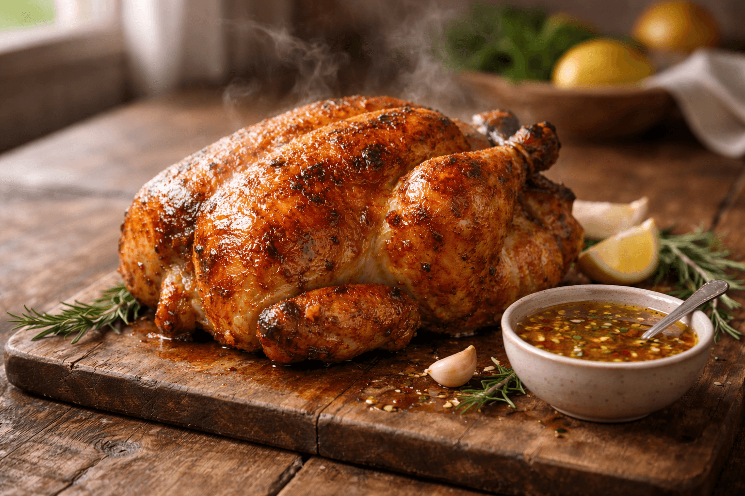 Pollo a l'ast recién hecho, dorado y crujiente