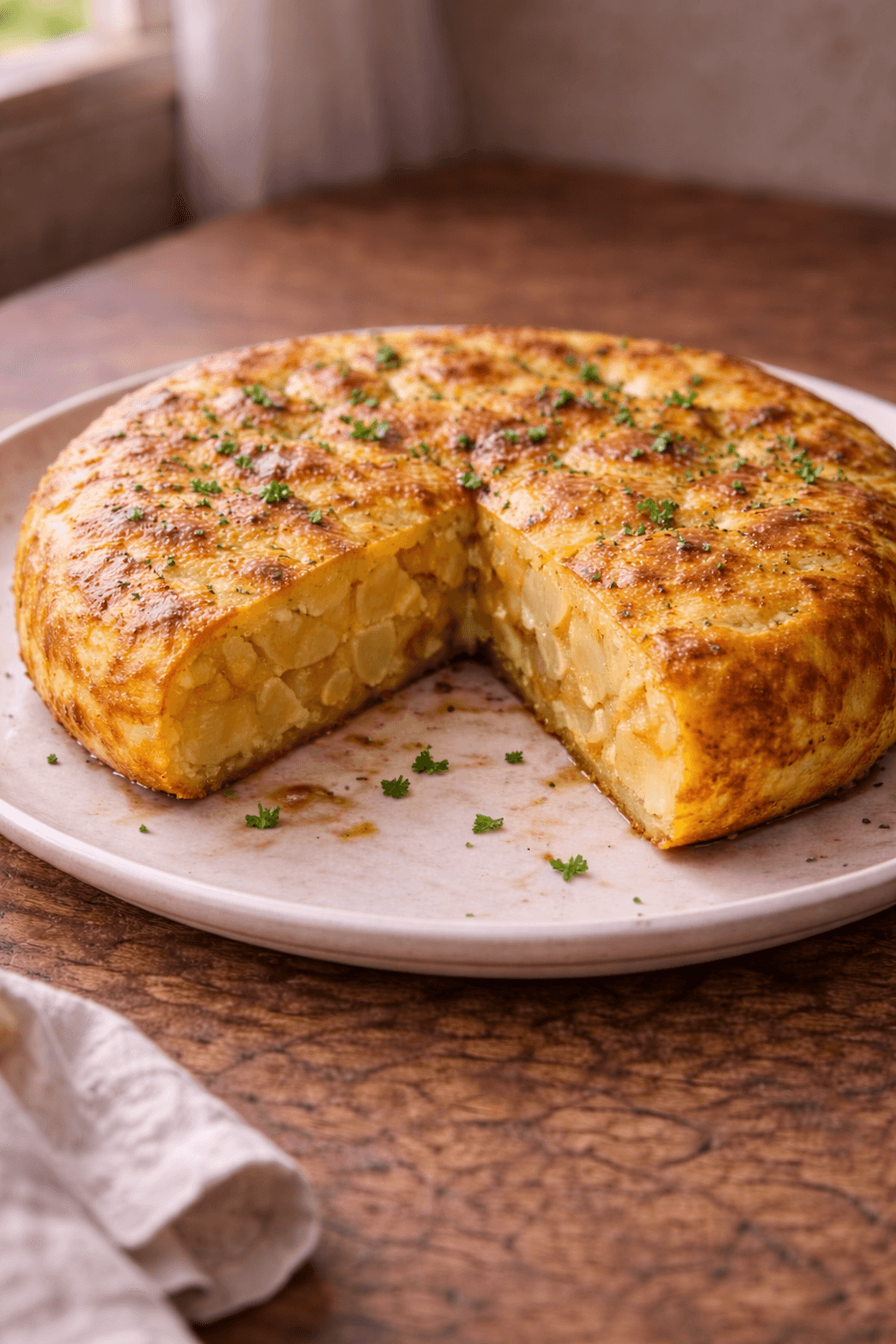 Tortilla de patatas con corte jugoso