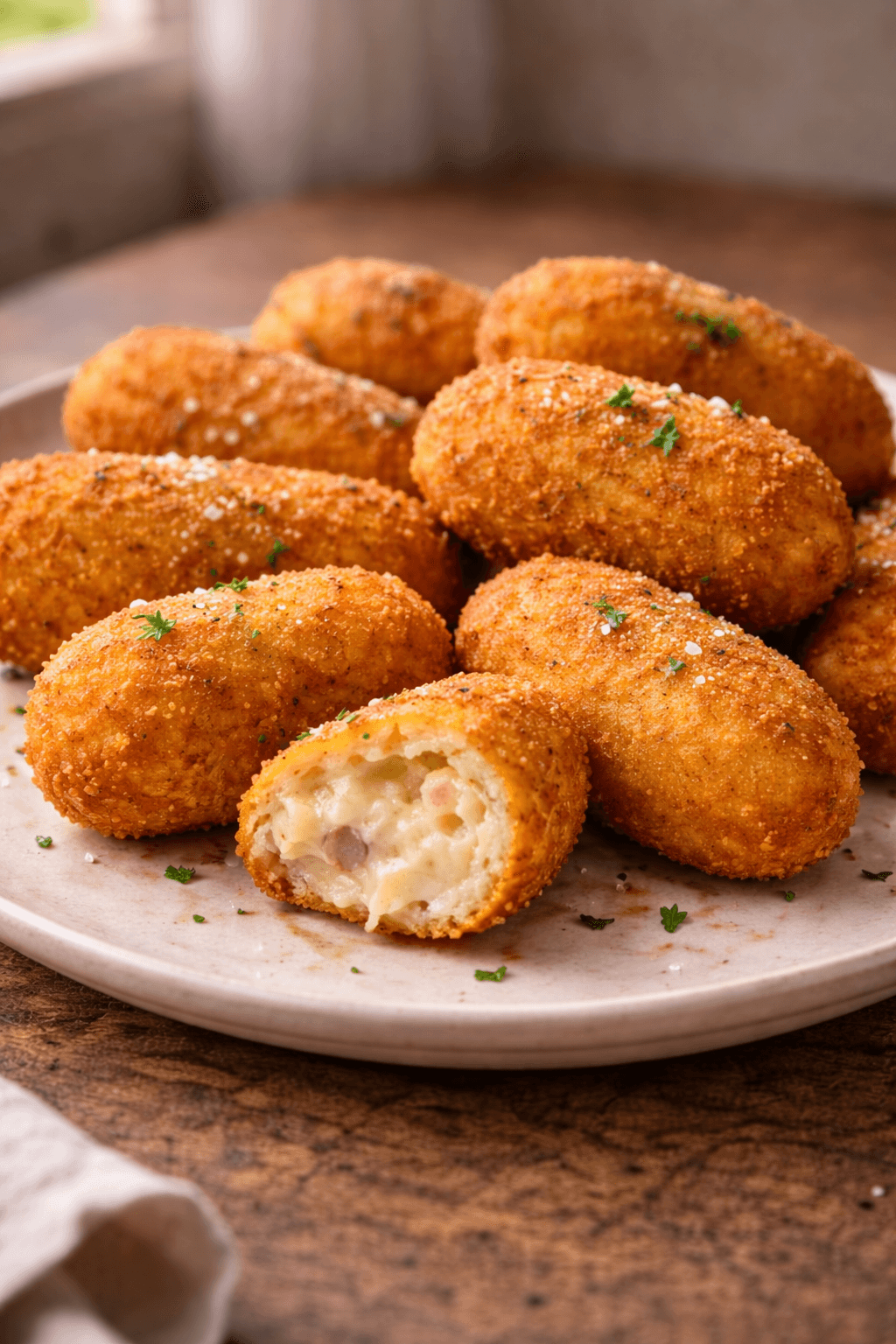 Croquetas caseras, una abierta mostrando interior cremoso