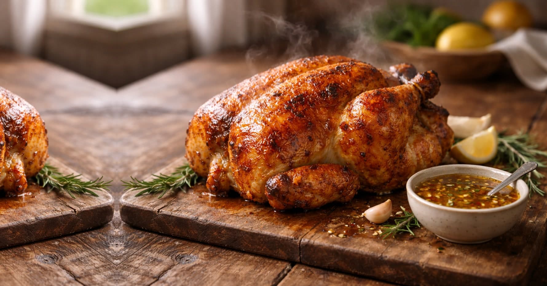 Pollo a l'ast recién hecho, dorado y jugoso